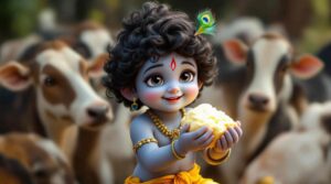 A stylish cute Krishna DP for WhatsApp, depicting Krishna with his cowherd friends, perfect for a playful yet divine profile picture.