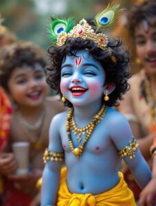 A stylish cute Krishna DP for WhatsApp, depicting young Krishna laughing joyfully with his friends, perfect for a fun and cheerful profile picture.