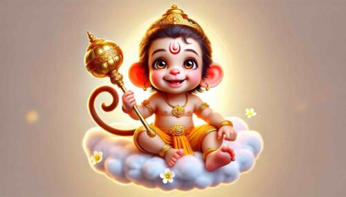 A cute baby Hanuman holding his gada with a joyful smile, perfect for wallpaper cute baby Hanuman images.