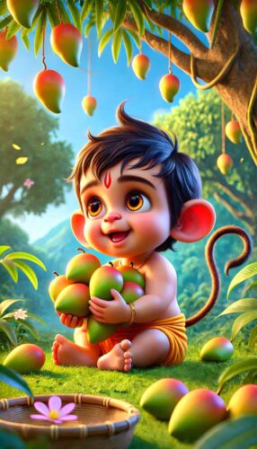 A cute wallpaper baby Hanuman holding mangoes, spreading joy and divine blessings.