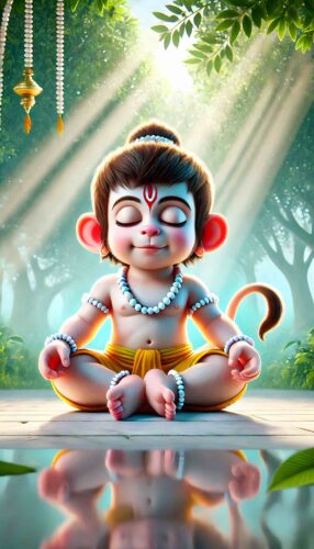 Baby Hanuman meditating peacefully, a perfect serene wallpaper cute baby Hanuman image.