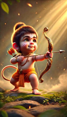 Baby Hanuman holding Lord Ram's bow and arrow, a cute and divine wallpaper cute baby Hanuman image.