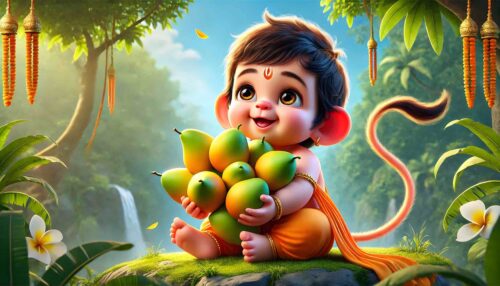 Wallpaper cute baby Hanuman images featuring him with a bunch of mangoes, bringing joy and blessings.